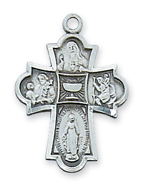 15/16 Inch Religious Gifts Sterling Silver Red Enameled 4-Way Cross Medal Pendant 