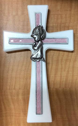 First Holy Communion Pink Crucifix with Prayer Booklet Pink Enamel Inlay