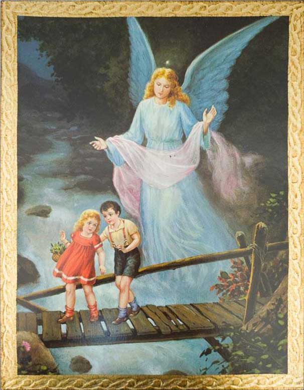 Gold Framed Guardian Angel watching Praying Children 2024 Print and Matted