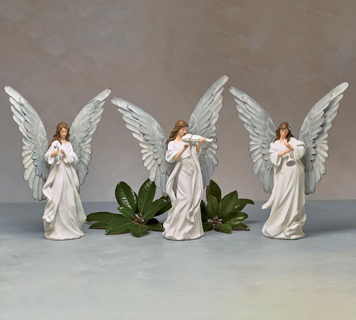 Assorted 19 White Angel Statues with Metal Wings, Sold Each