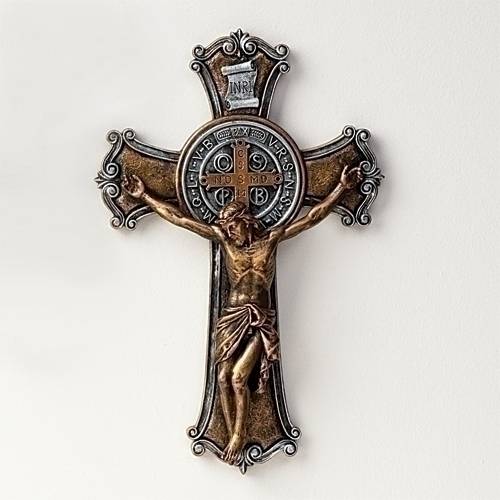 Silver Toned Catholic Cross Crucifix Black Inlay 2 3/4 inch