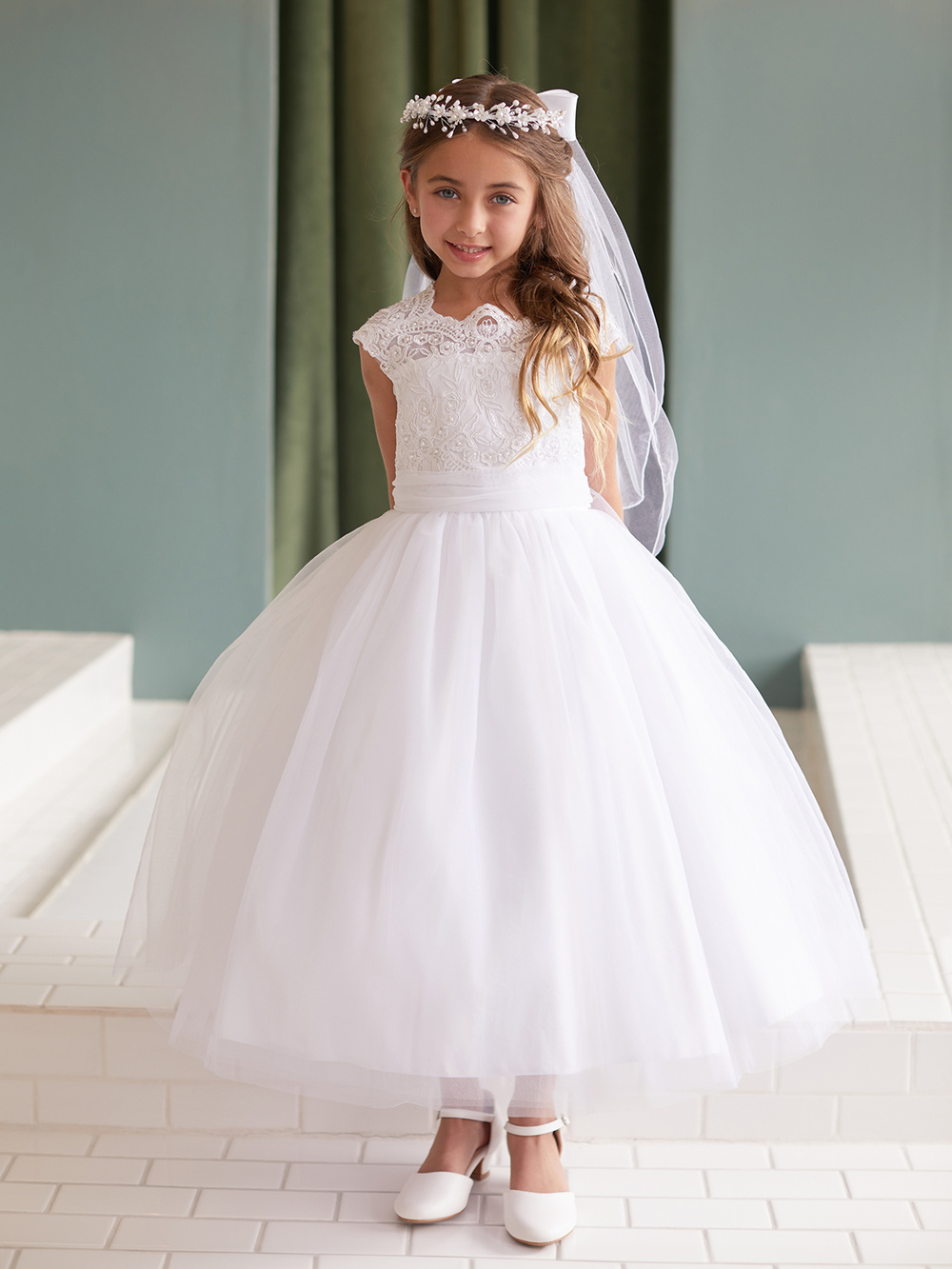 Layla P210 by Peridot - Girls White Satin Box Pleat Holy Communion Dress -  childrensspecialoccasionwear.co.uk