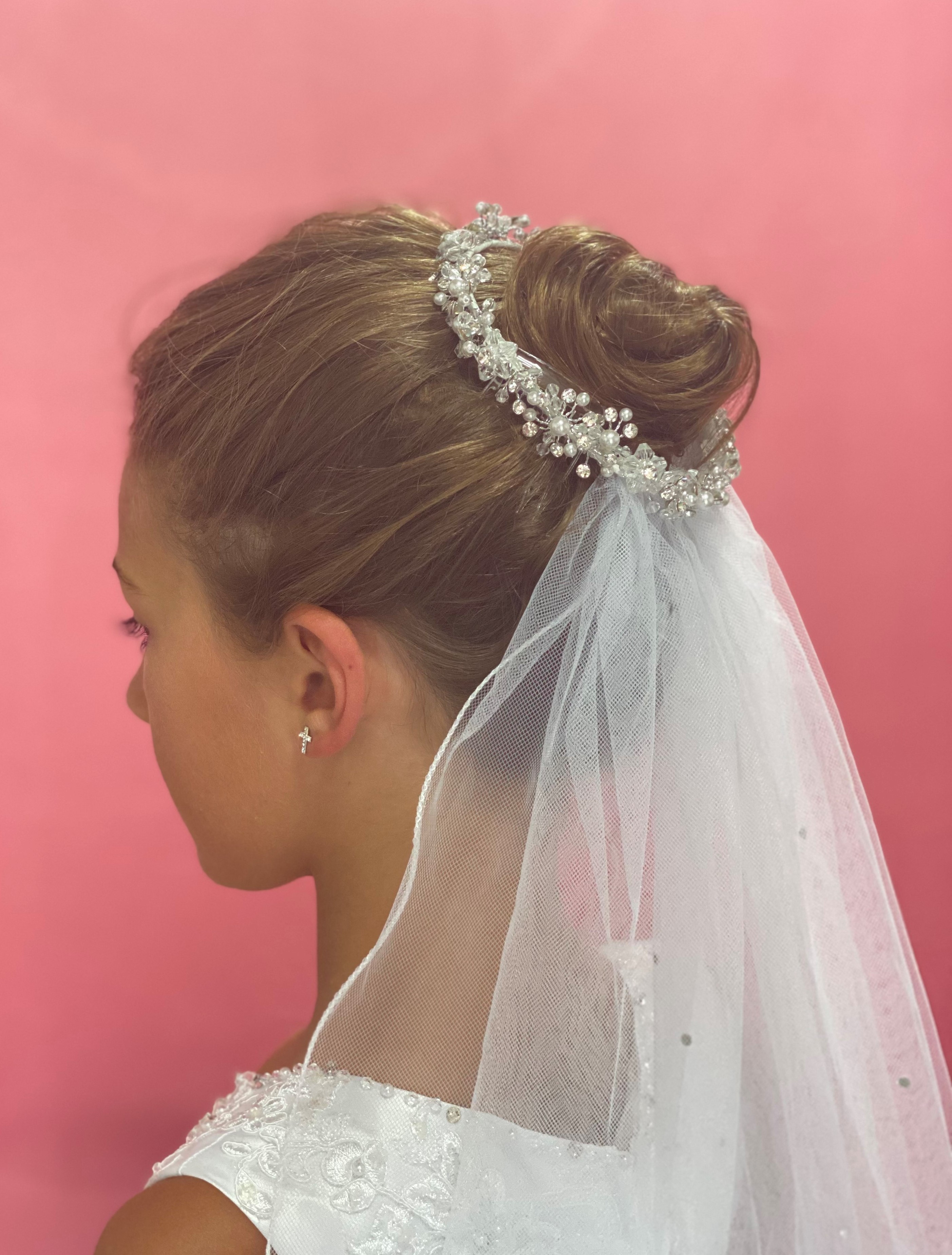 Girls First Communion Veil White Floral Wreath Pearls Center Headband with  Bow Flower Girl Wedding Kids Veils Crown