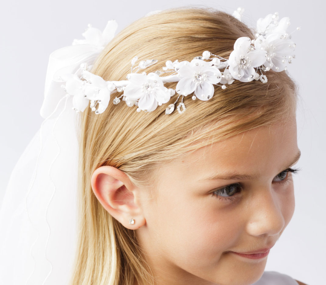 White Flower Pearl Crown Veil First Communion Flower Girl