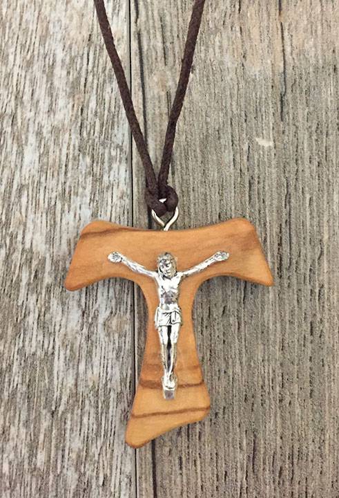 Amazing Saints Olive Wood Tau Cross Necklace with Black Gift Bag