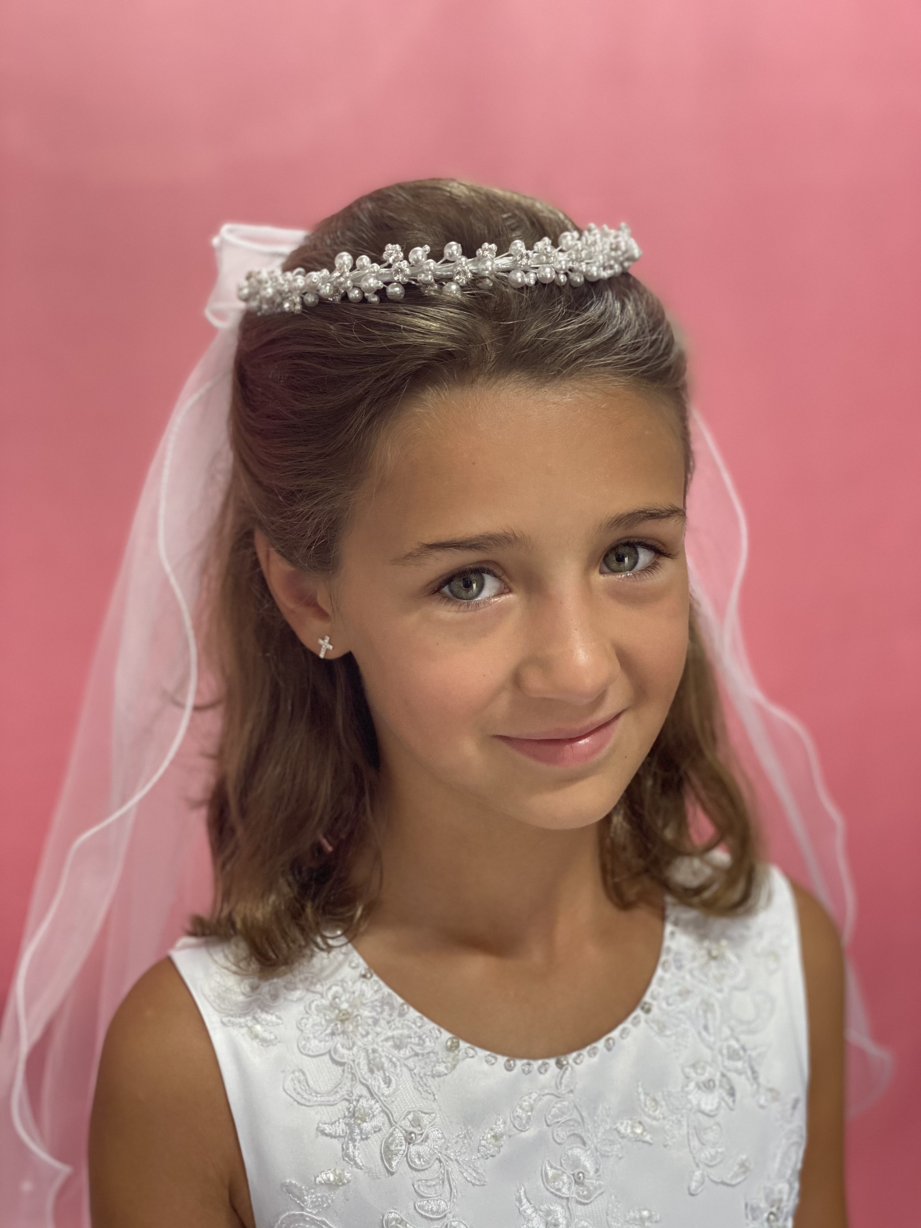 First Communion Wreath Veil With Pearls and Crystals, Catholic First Communion  Veils