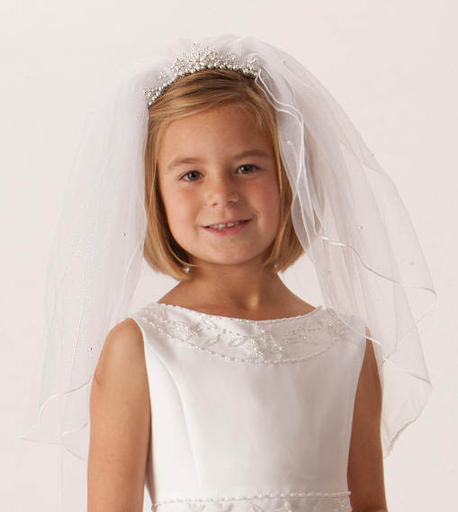 First Communion Veil, Floral & Rhinestone, 2-Tiered, Corded Veil