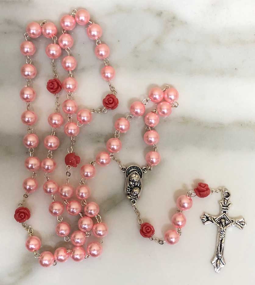 Vintage Rosary with Faux Pearls Original Black Leather Case
