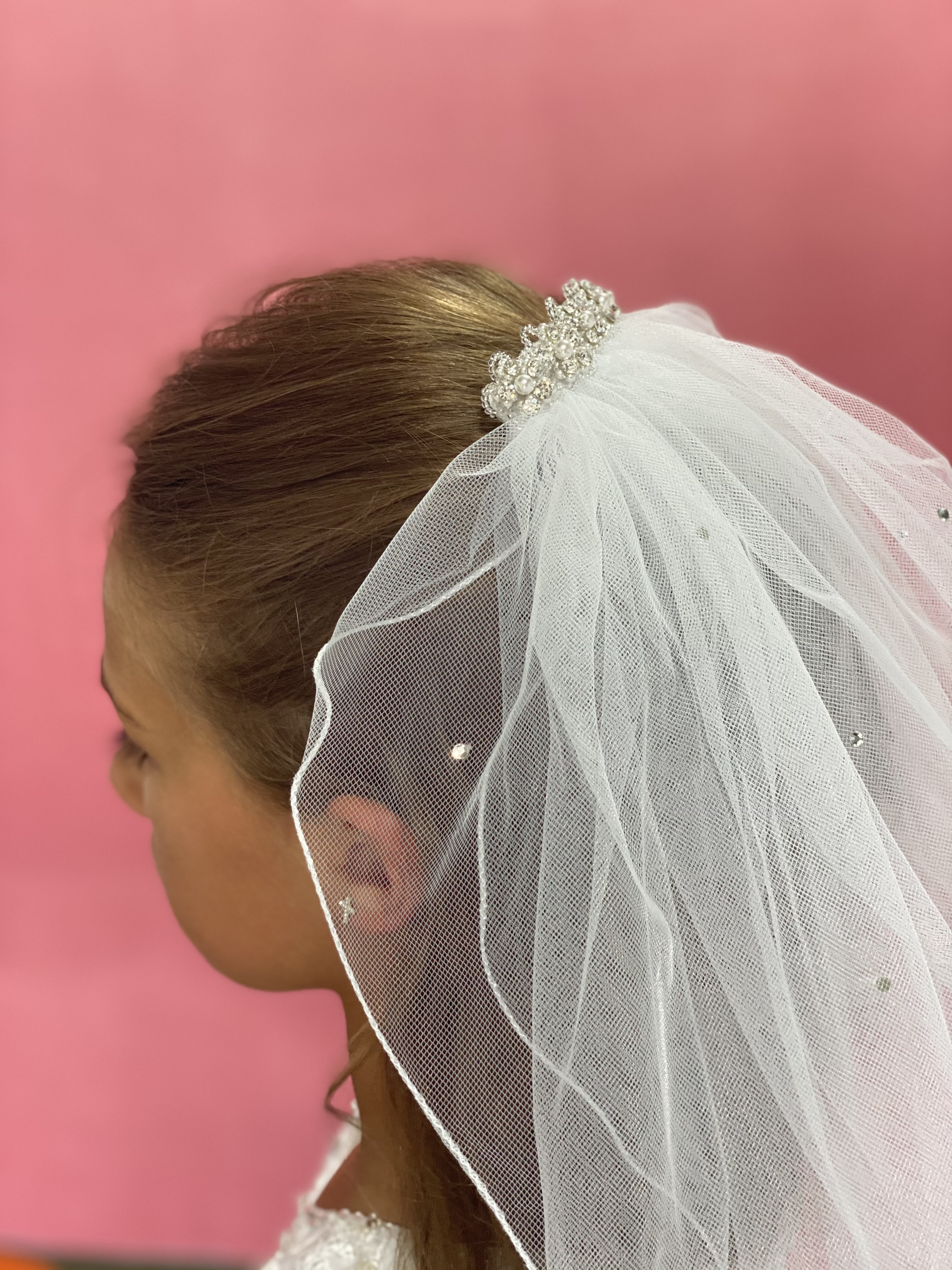 First Communion Veil, Floral & Rhinestone, 2-Tiered, Corded Veil