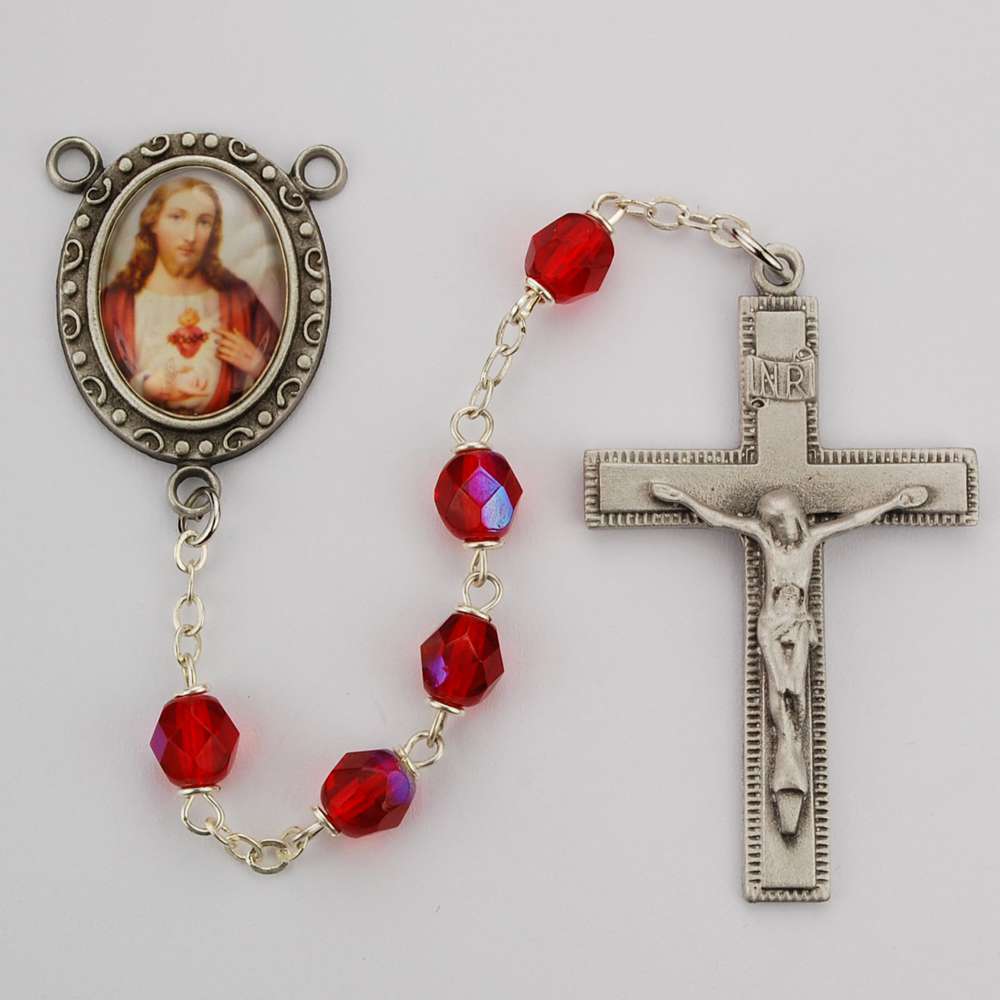 Auto Rosary Jesus Sacred Heart Medal Oxidized Red Crystal Beads