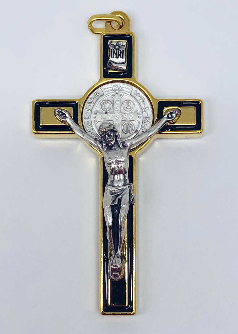 new 8" St Benedict Metal wall cross crucifix BLUE BLACK communion baptism gift 