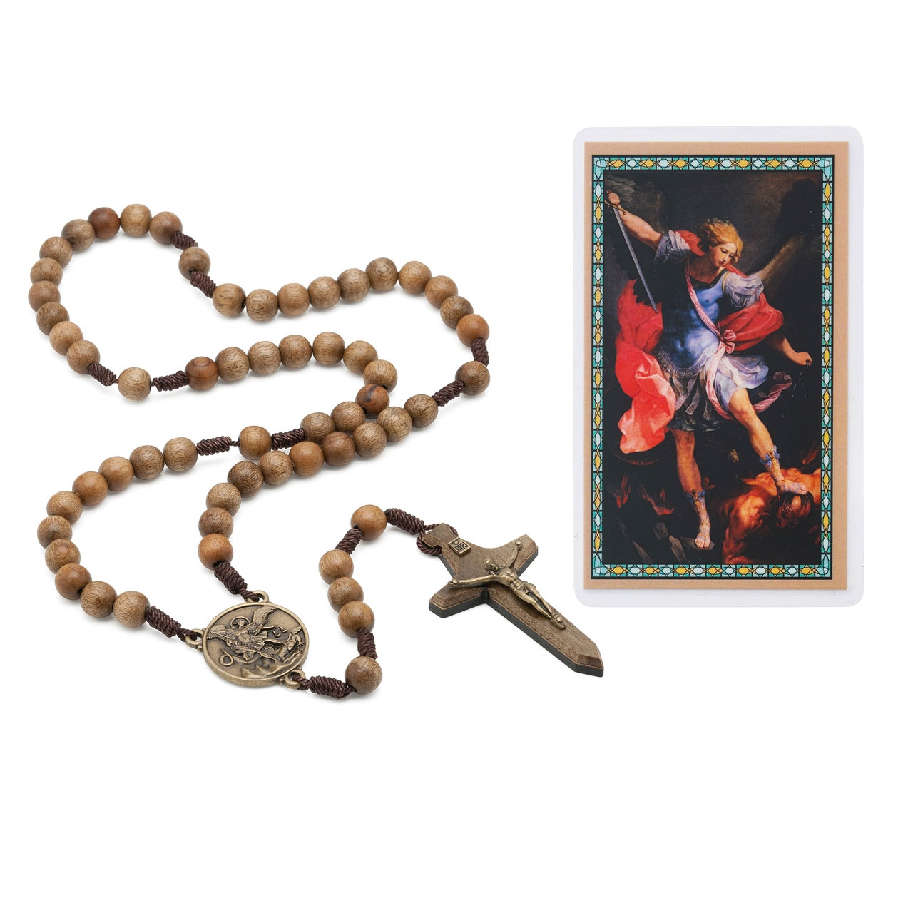 Saint Michael 10mm Wood Rosary with Laminated Holy Card