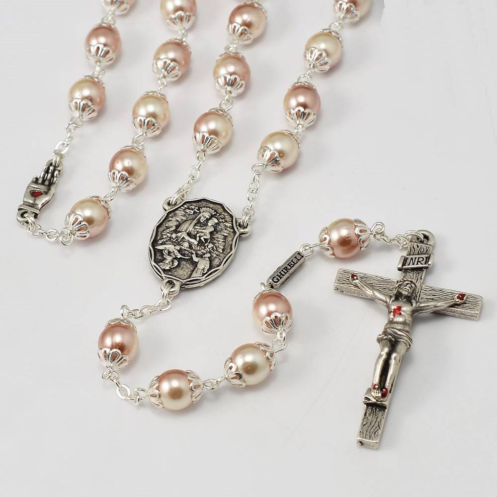 Rosary in Glass Jar Bottle Beads-Pearl-Catholic Crucifix Necklace Saint Jude.