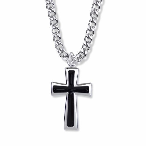Sterling Silver Black Enameled Flared Ends Cross Necklace on 24 Chain