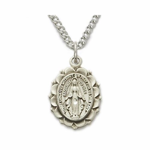 Sterling Silver Oval Miraculous Medal in a Polished Finish and Decorative Border Design