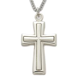 1.25" Sterling Silver Mens Flare Satin Cross Necklace