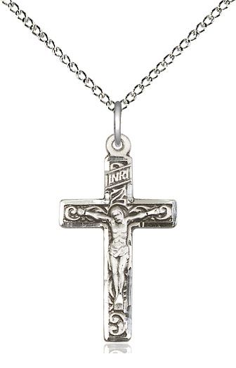 · 1 inch x 1/2 inch Sterling Silver Crucifix Medal. · Chain is 18 Inches in length Sterling Silver Light Curb Chain with Lobster Claw Clasp. ?Made in the USA