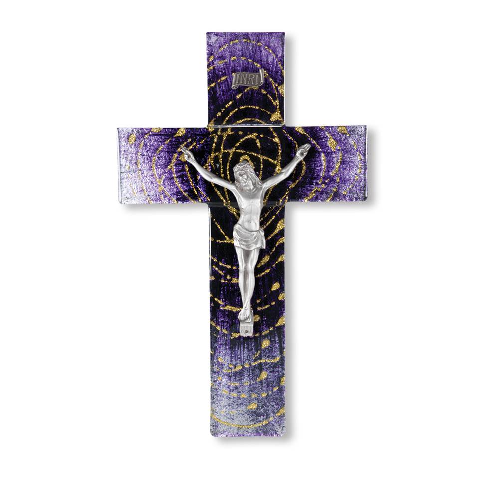 10" Stained Glass Crucifix 10" Extended Gold Halo In Spiral Dark To Light Purple Pewter Corpus