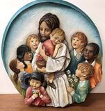 100/61 24" Jesus W/Children Plaque 3/4 Relief Traditional Colors Demetz, 100/61, 100/61 Jesus with children, children of the world, Jesus plaque, church wall art