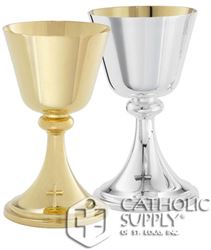Chalice and Paten or Ciborium (not shown) Proudly Made in the USA; 24kt Gold Plate 7 1/2" 14 oz. Chalice with 5 1/2" Paten 8 3/8" Ciborium with 175 host capacity (based on 1 3/8" hosts)