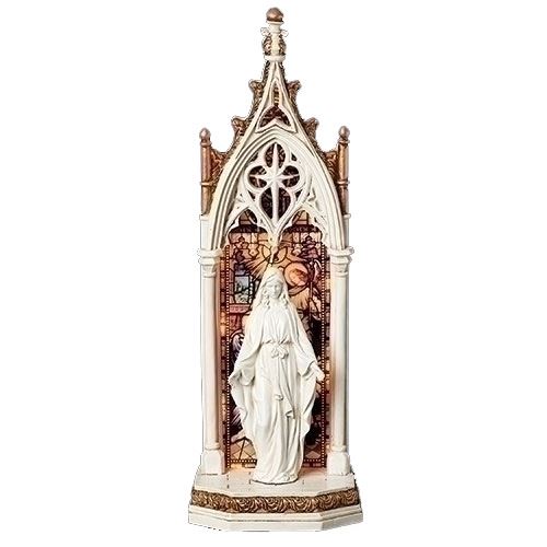 11.75" Lighted Our Lady of Grace in Arch with Stain Glass Window Statue