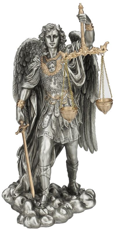 St. Michael with the Scales of Justice statue in a pewter style finish with golden highlights, 11".