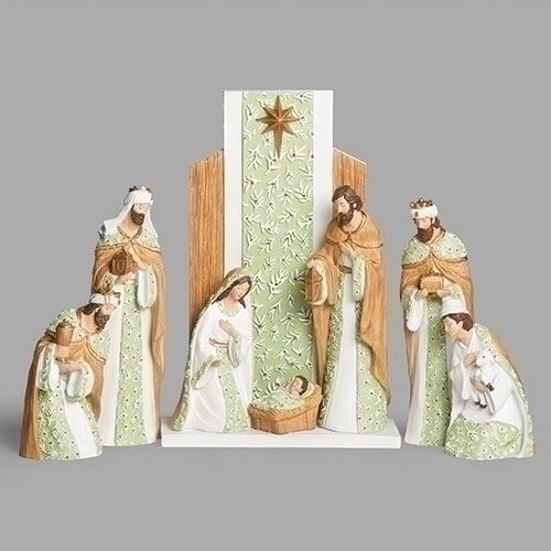 8pc Nativity Set with Mistletoe and Wood Patterns