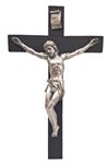 Pewter Style Corpus with Gold Highlights 16" Black Wood Wall Crucifix