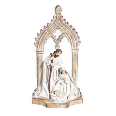 Mary, Joseph, and baby Jesus in the manger surrounded by distressed wood look arch. Made of resin, 17" x 8.75" x 4.25".