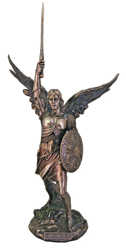 St. Michael the Archangel from the Veronese Collection, without the devil in lightly hand-painted cold cast bronze. 1 8inches to the top of the sword and 14.5 inches to the top of the wings.