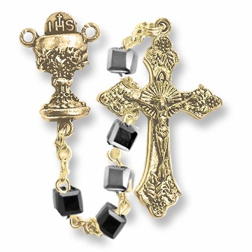 4.5mm Square Hematite Beads Rosary with Crucifix and Chalice Center