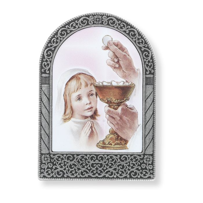 2 3/4" X 2" Antique Silver Metal Arched Easel with Gold Embossed Communion - Girl Print