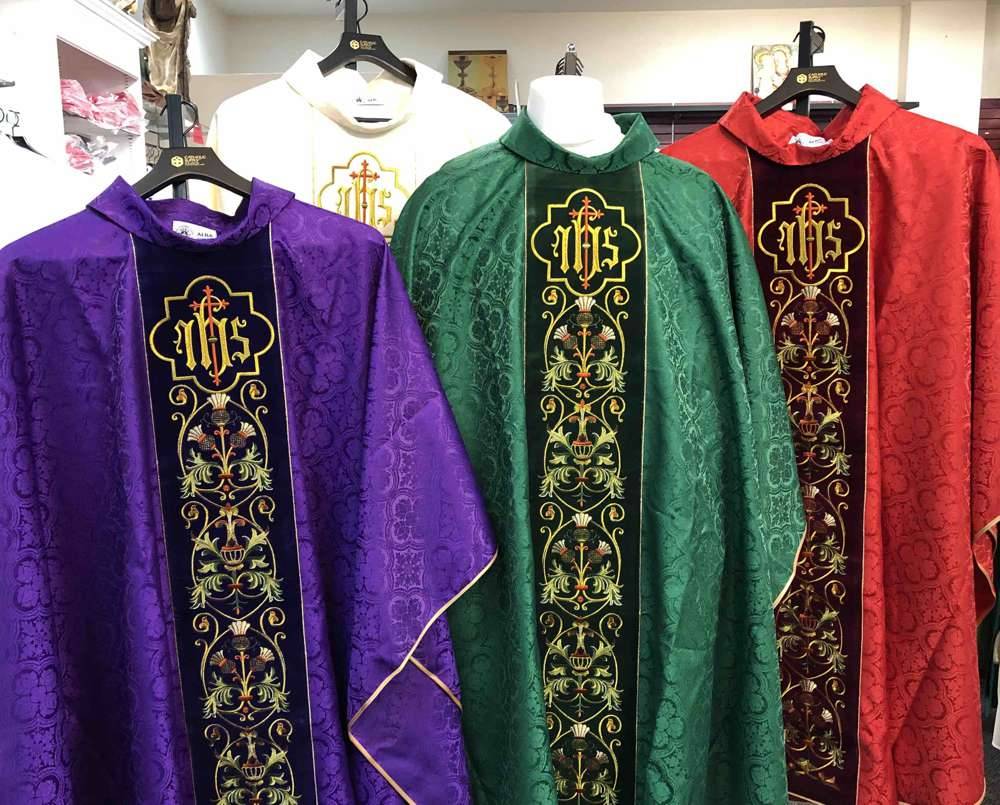 2-83 Damask Chasuble with Velvet Embroidered Design
