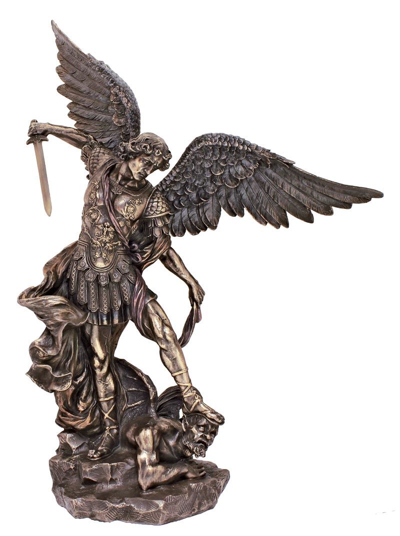 St. Michael statue in lightly hand-painted cold cast bronze, 21".