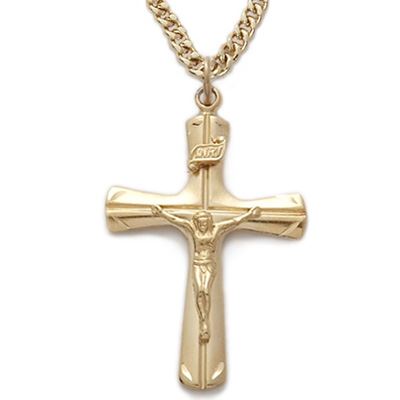 24K Gold Over Sterling Silver Crucifix Necklace in an Engraved Flared Design