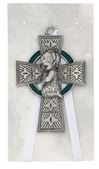 3 1/4" Pewter Celtic Cross Baby Girl Crib Medal With Green Enamel *WHILE SUPPLIES LAST*