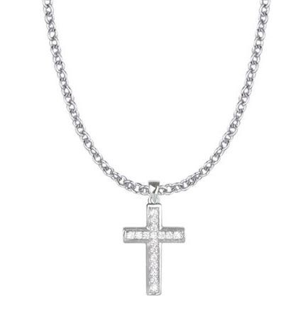 3/4 Inch Sterling Silver Crystal CZ Stones Cross Necklace