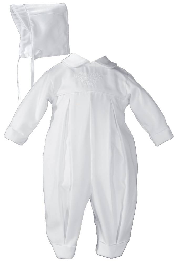 3 Month Boys Pleated Christening Baptism Coverall with Embroidered Shamrock Cluster and Hat