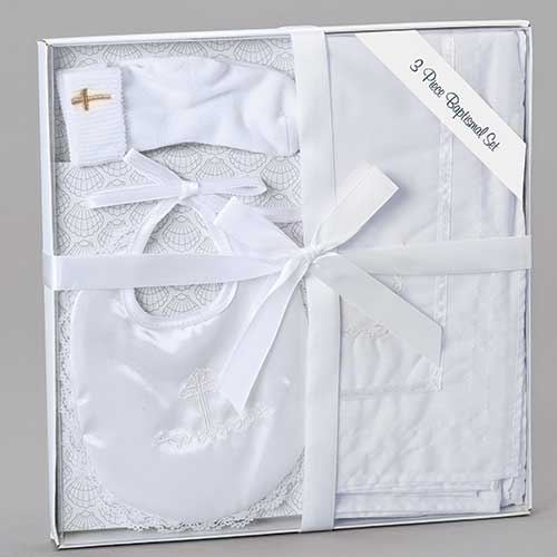 3pc Baptism Bib, Blanket, Socks Gift Set