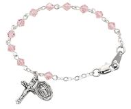 5.5" Rose Crystal Bead Baby Rosary Bracelet with Sterling Silver Crucifix and Miraculous Medal
