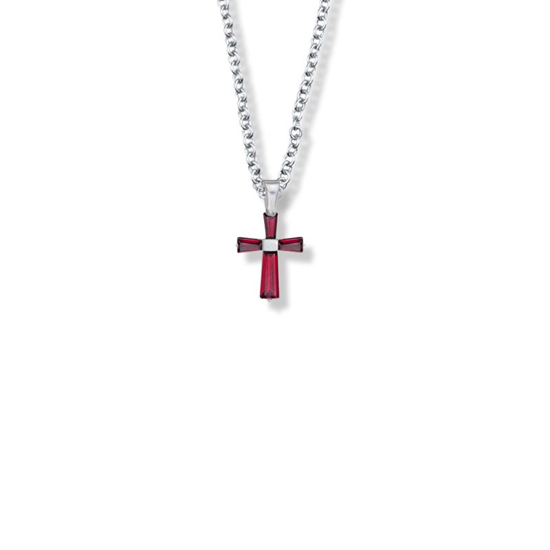 5/8 Inch Sterling Silver and Glass Crystal January Birthstone Baguette Cross Necklace