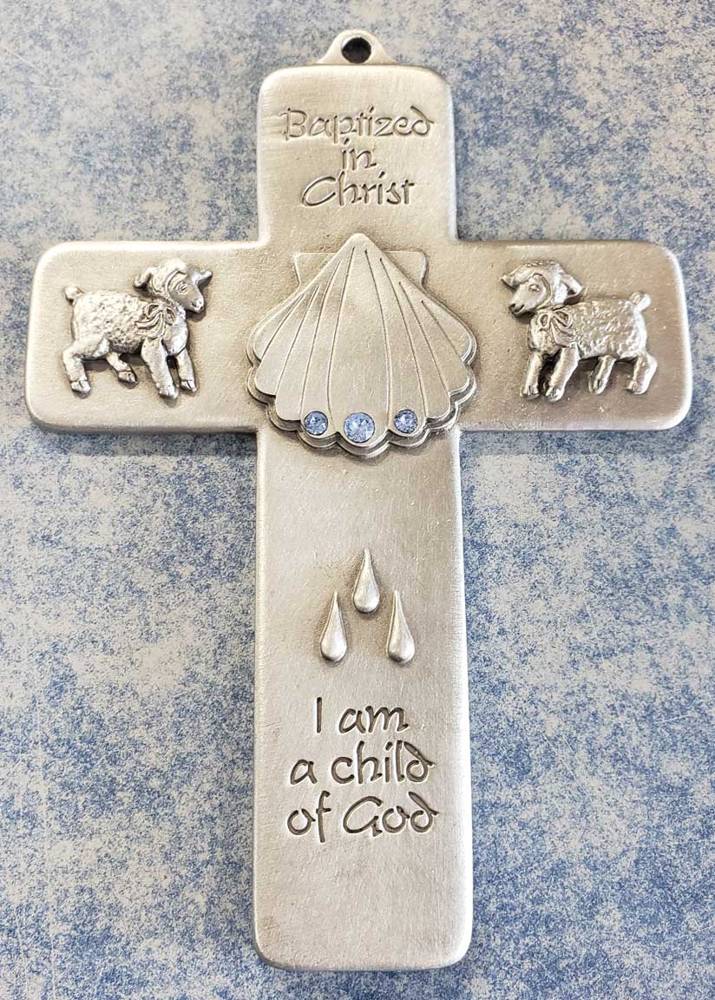 5" Baptismal Wall Cross with Blue Crystals