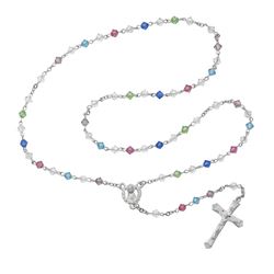 5mm Multi Swarovski Rosary with Sterling Silver Crucifix And Center, Gift Boxed