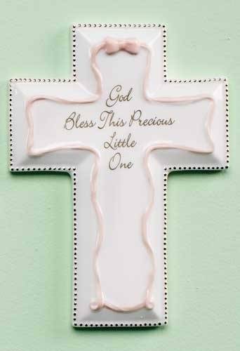 6 1/4" God Bless This Little One Pink Porcelain Wall Cross