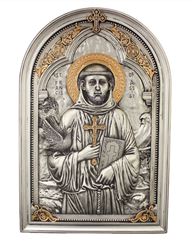 A Veronese St. Francis plaque in a pewter style finish with gold highlights, 6x9". STANDS/HANGS