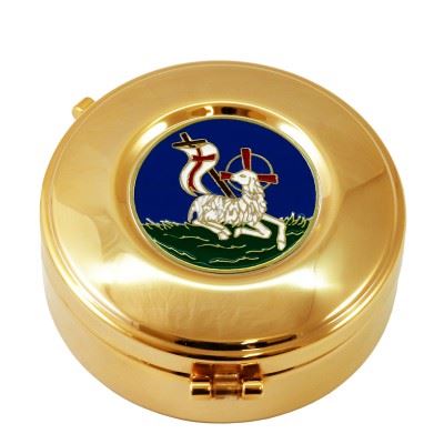 HOST BOX LAMB OF PEACE WITH HINGE MADE IN ITALY Host Box with plaque "Lamb of Peace"  Ø 8 cm. x 2,5 cm.