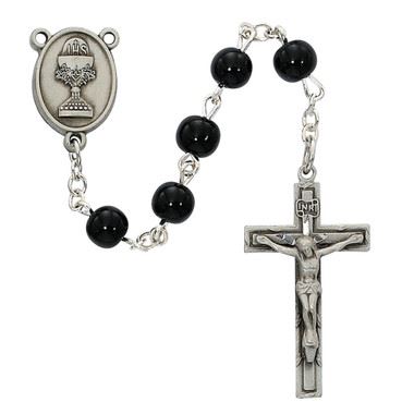 First Communion 6MM Black Bead Rosary