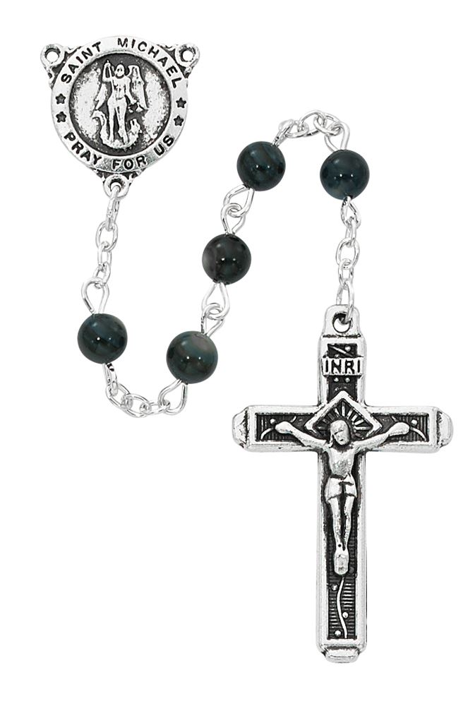 6MM BLUE RIVER STONE BEAD ST. MICHAEL ROSARY. COMES IN A BLACK ...