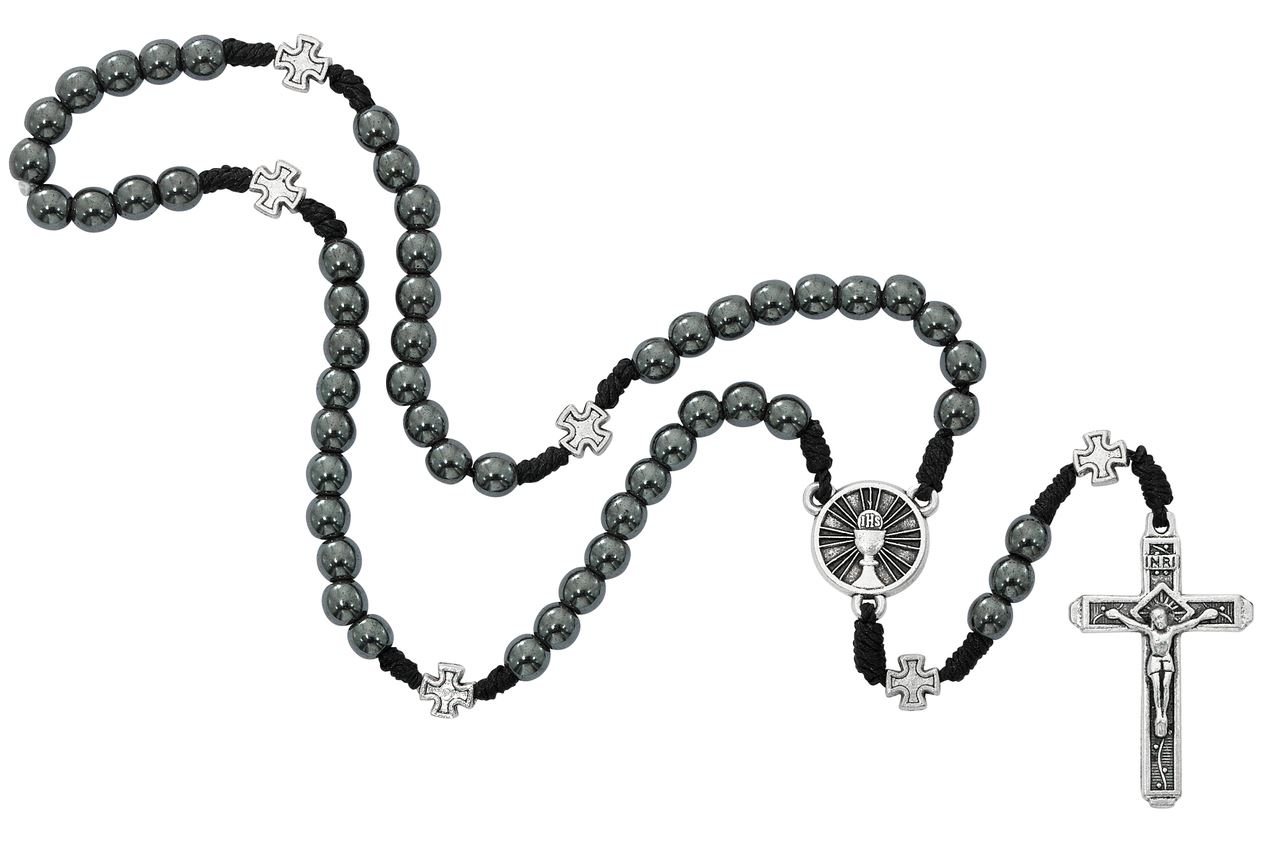 mm Corded Hematite Rosary with Chalice Center