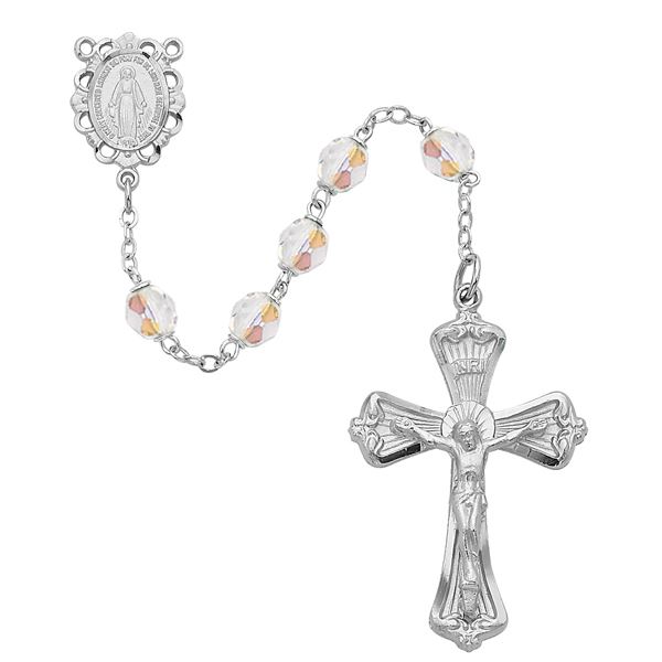 6mm Crystal Rosary with Rhodium Crucifix and Centerpiece